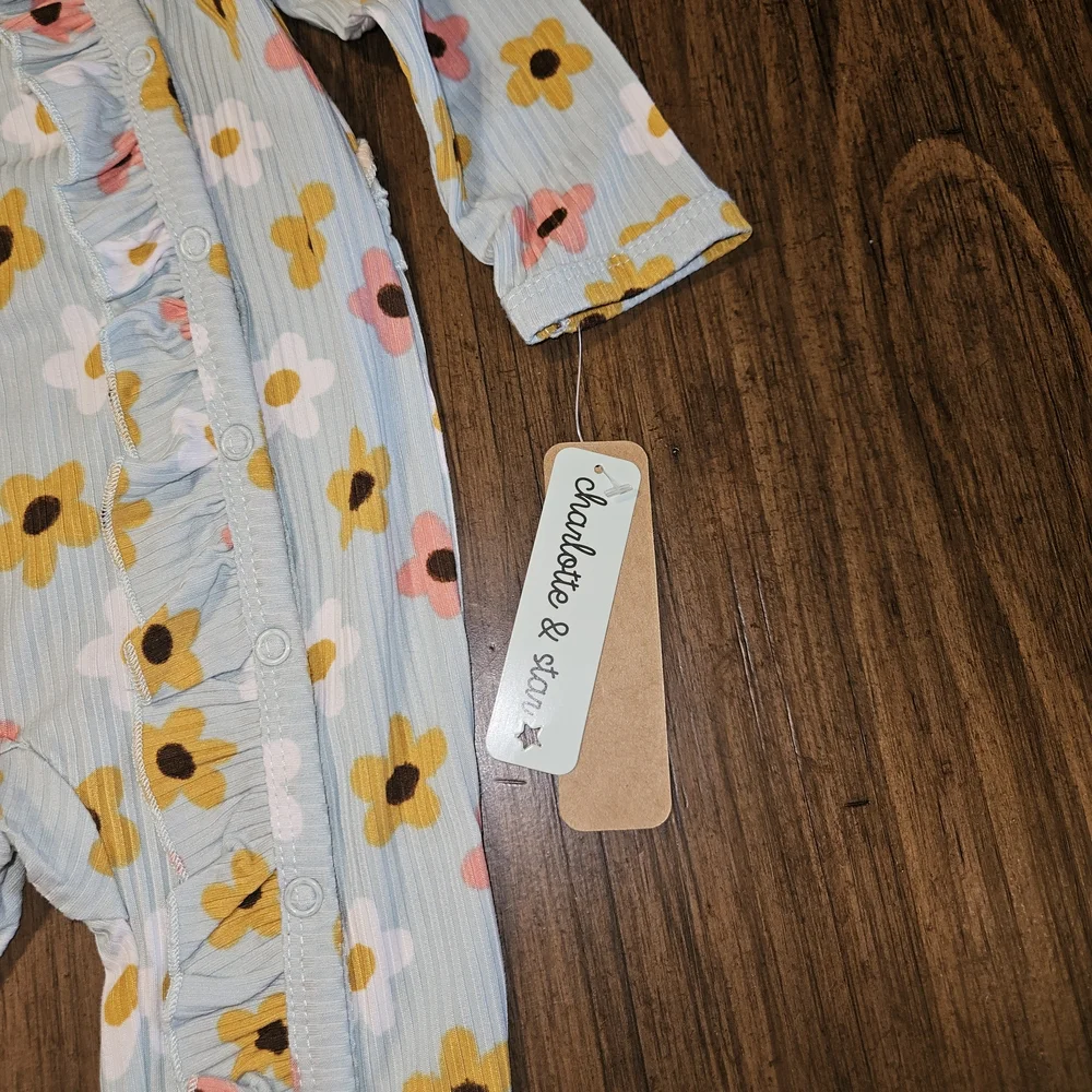 Cloud Island Blue Striped Footie with Floral Design